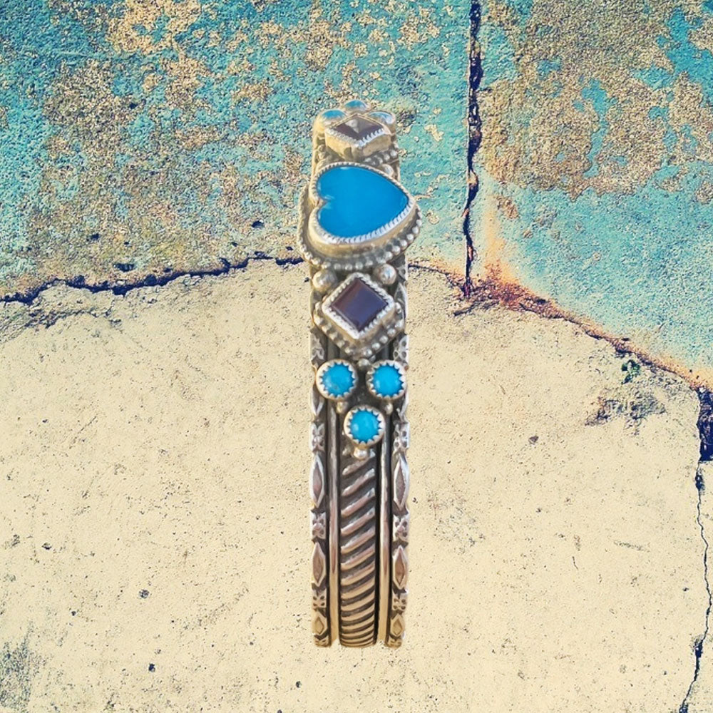 Sterling Silver Turquoise Heart and Sugilite Cuff Bracelet