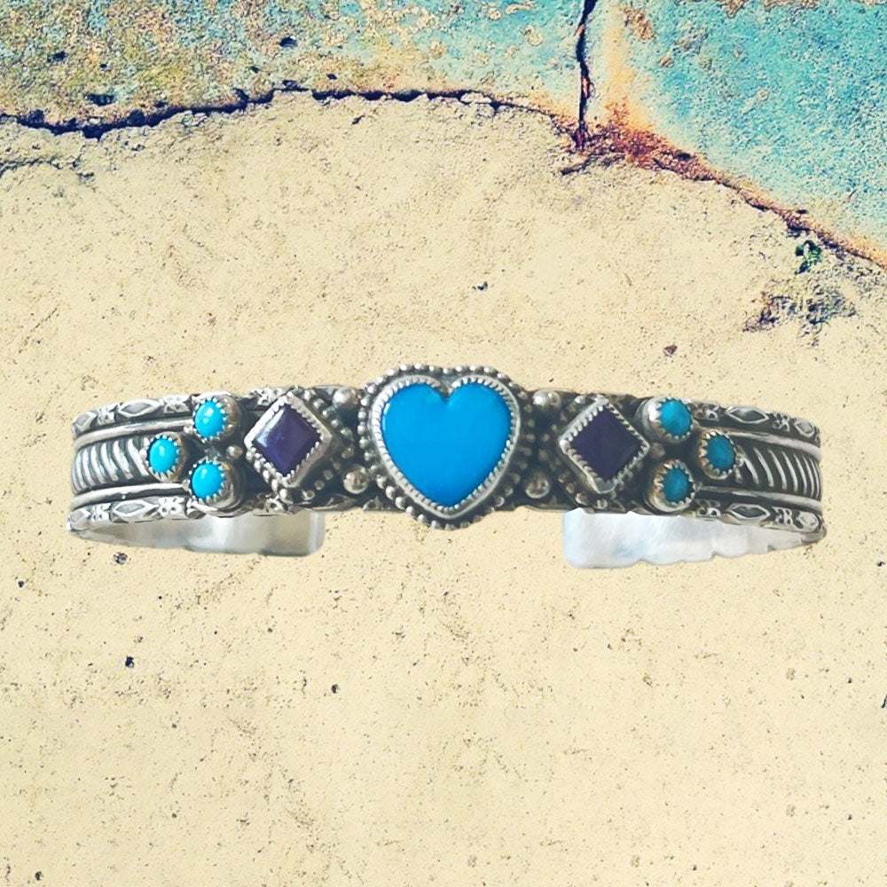 Sterling Silver Turquoise Heart and Sugilite Cuff Bracelet