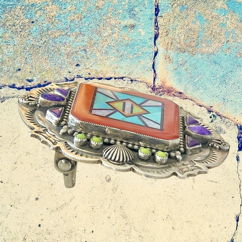 Sterling Silver Fancy Red Coral Inlay Hand Stamped Belt Buckle