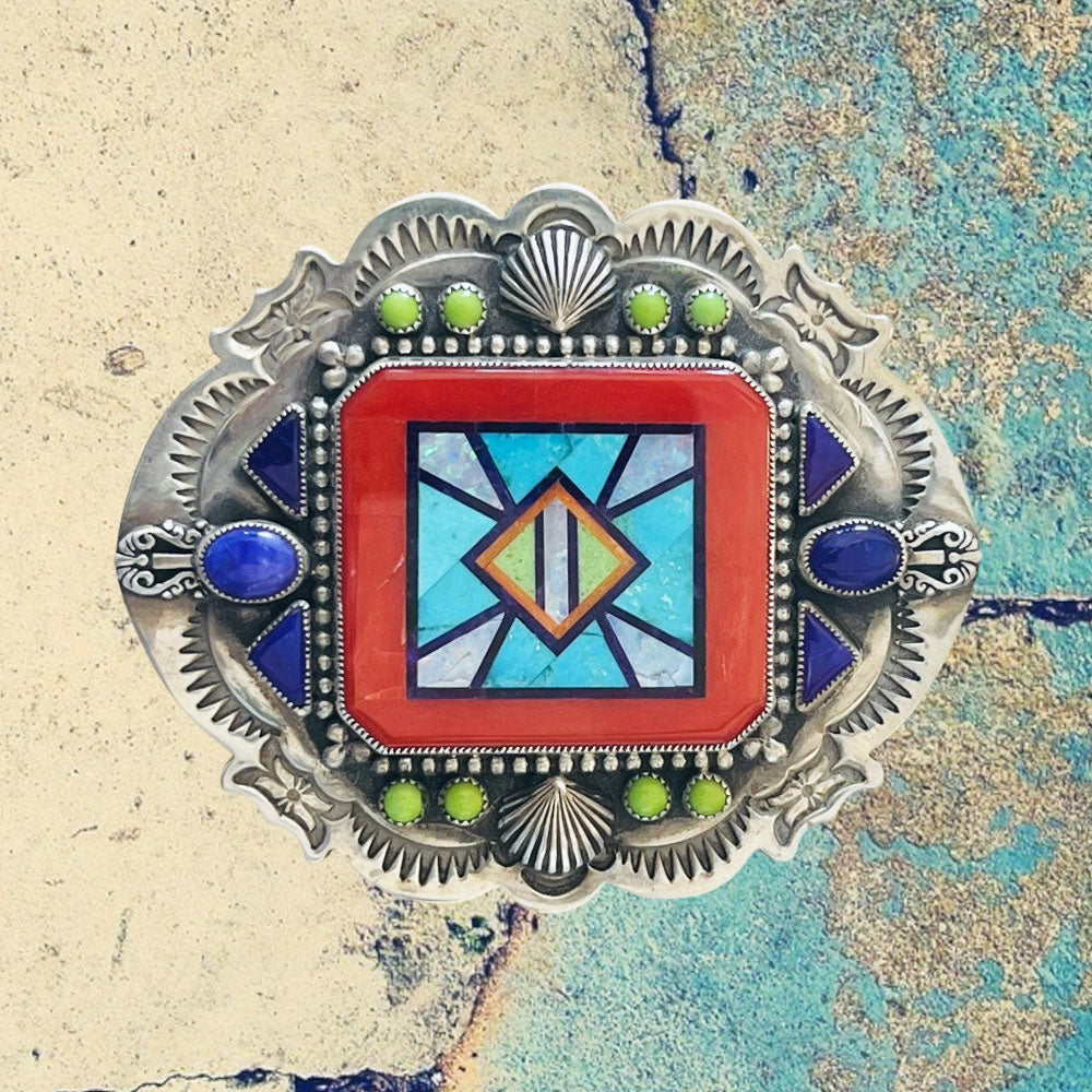 Sterling Silver Fancy Red Coral Inlay Hand Stamped Belt Buckle