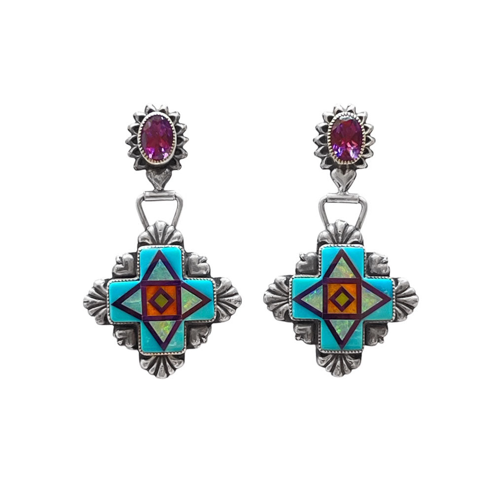 Sterling Silver Turquoise Cross Inlay with Amethyst Earrings