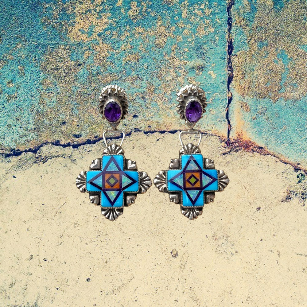 Sterling Silver Turquoise Cross Inlay with Amethyst Earrings