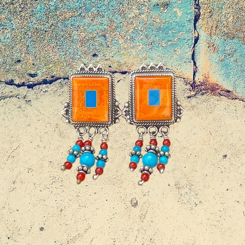 Sterling Silver Orange Spiney Oyster Shell Inlay with Beaded Dangles Earrings