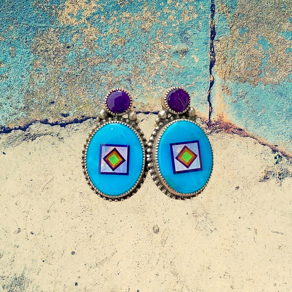 Sterling Silver Turquoise Oval Inlay with Sugilite Earrings