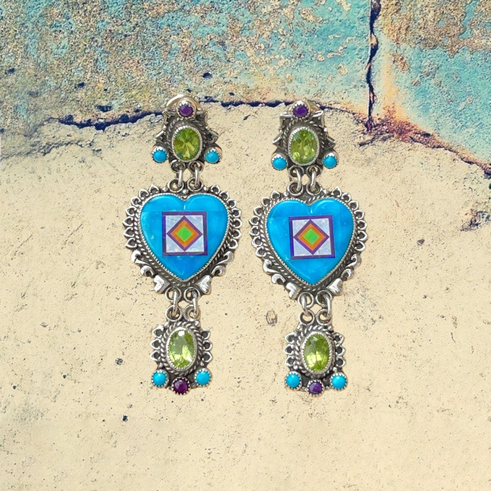 Sterling Silver Turquoise Heart Inlay With Peridot Earrings