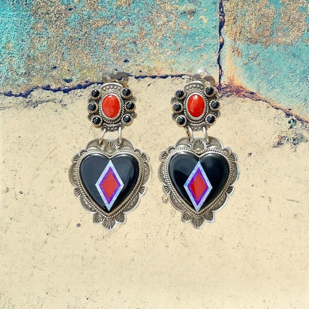 Sterling Silver Jet Heart Inlay with Red Coral and Sugilite Earrings