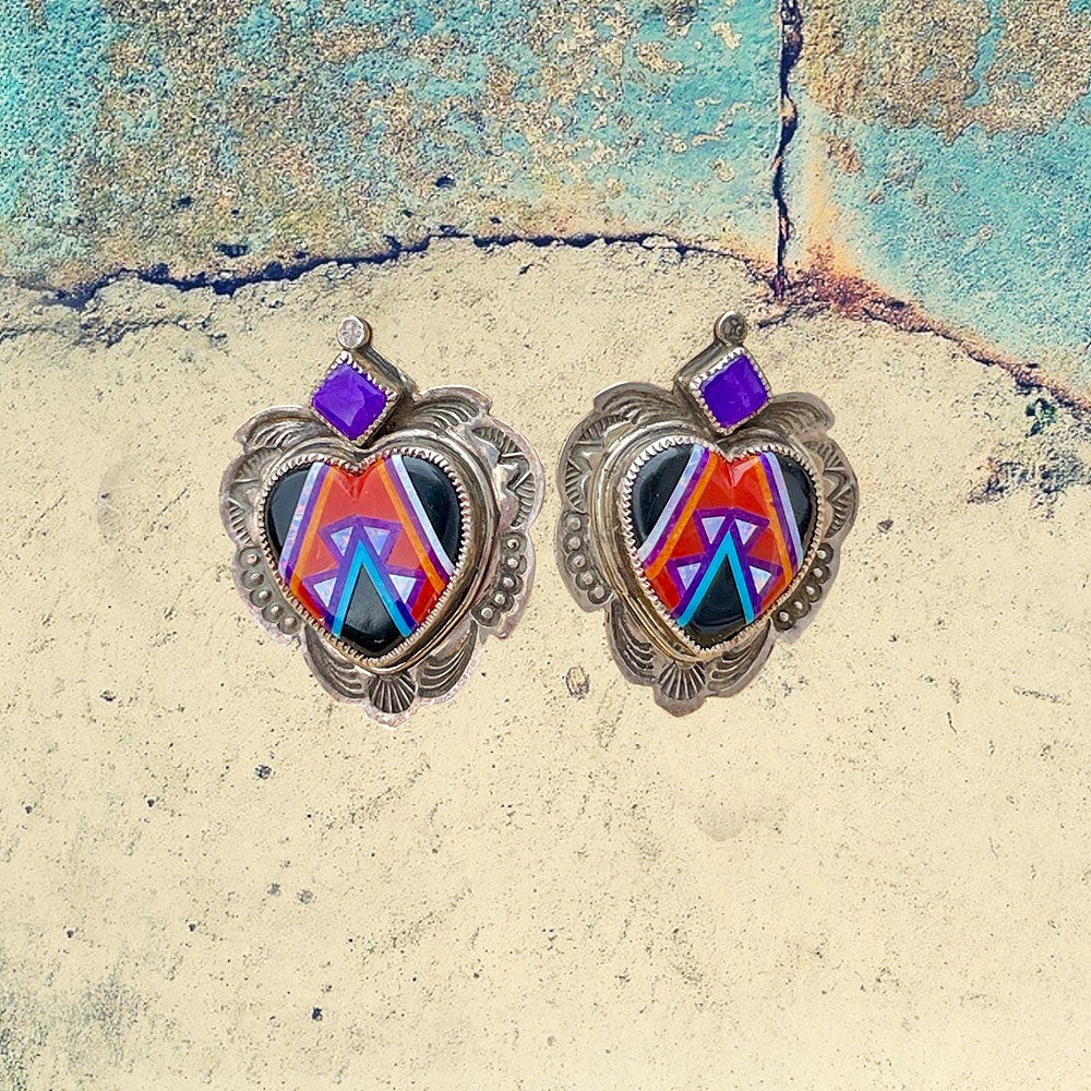 Sterling Silver Southwest Jet Heart Inlay with Sugilite Earrings