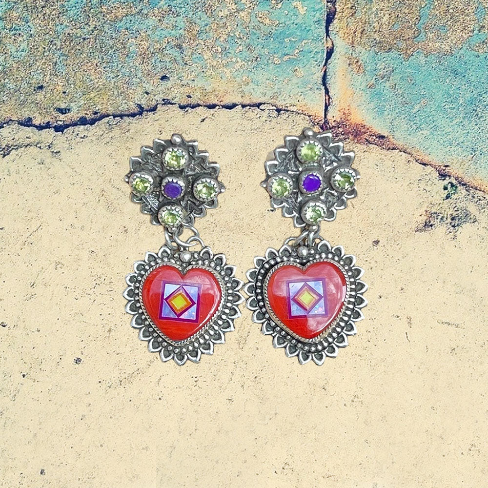 Sterling Silver Red Coral Heart Inlay with Sugilite and Peridot Earrings
