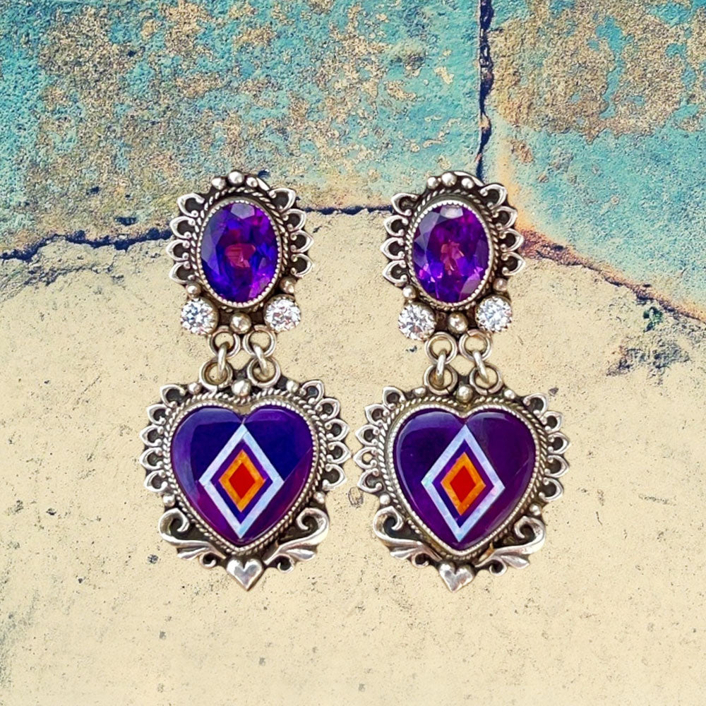 Sterling Silver Sugilite Inlay with Amethyst and White Sapphire Earrings