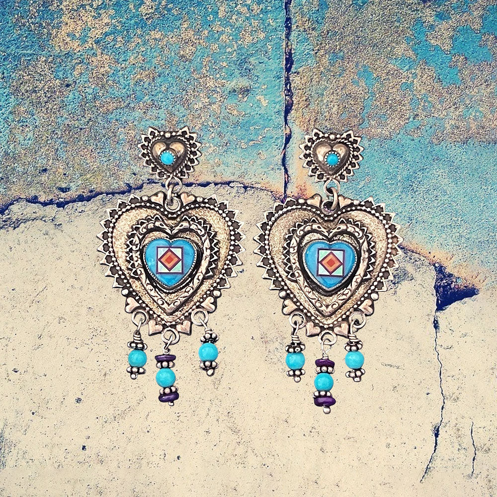 Sterling Silver Intricate Turquoise Heart Inlay with Beaded Dangles Earrings