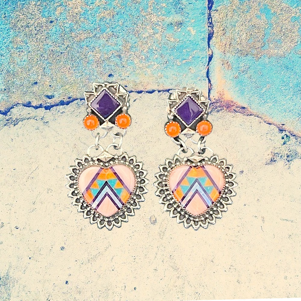 Sterling Silver Fancy Pink Coral Heart Inlay with Sugilite and Coral Dangle Earrings