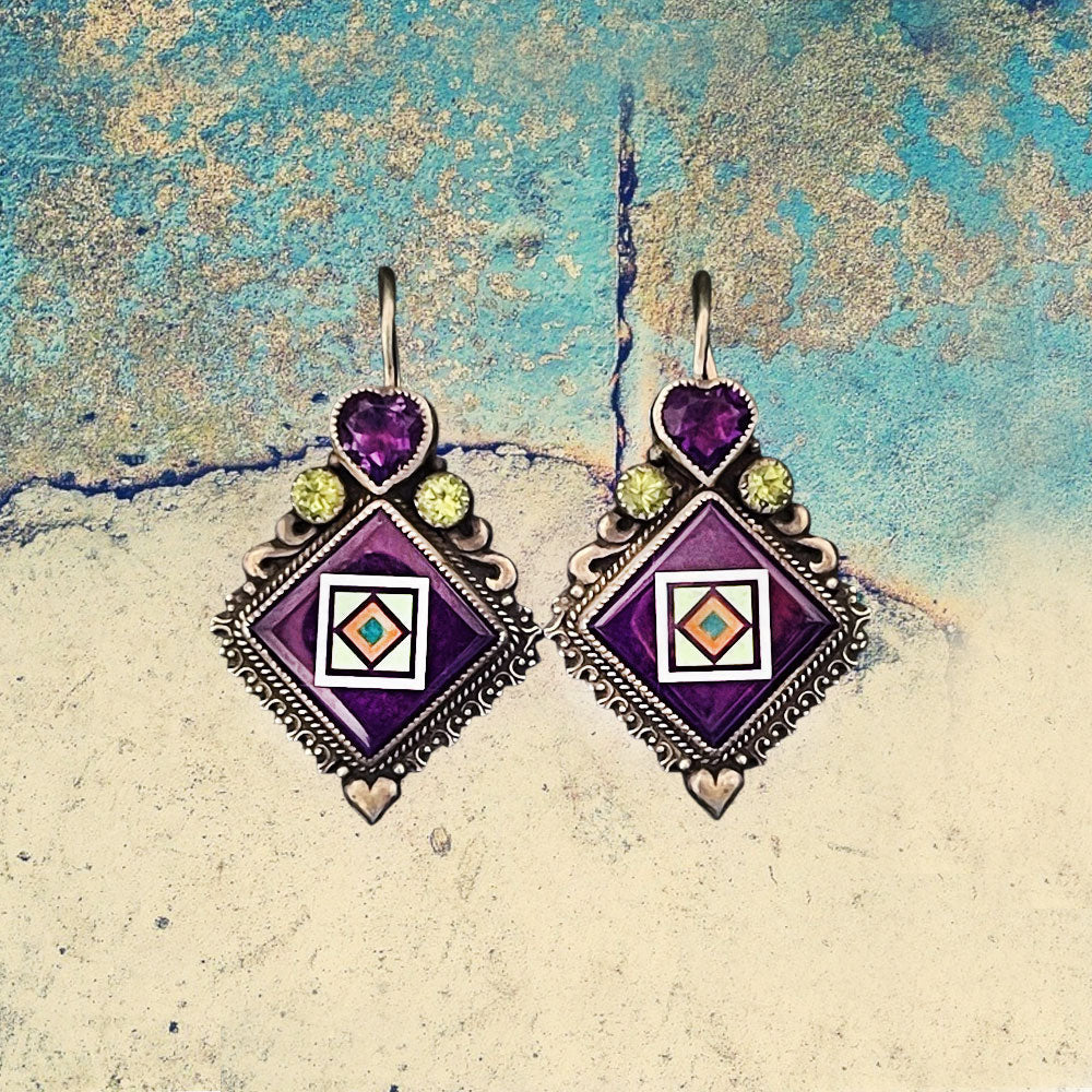 Sterling Silver Sugilite Diamond Inlay with Amethyst and Peridot Earrings
