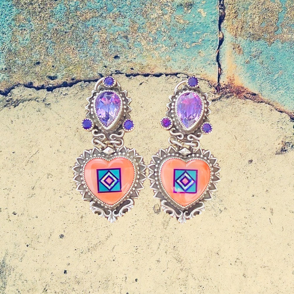 Sterling Silver Pink Coral Inlay with Amethyst Earrings