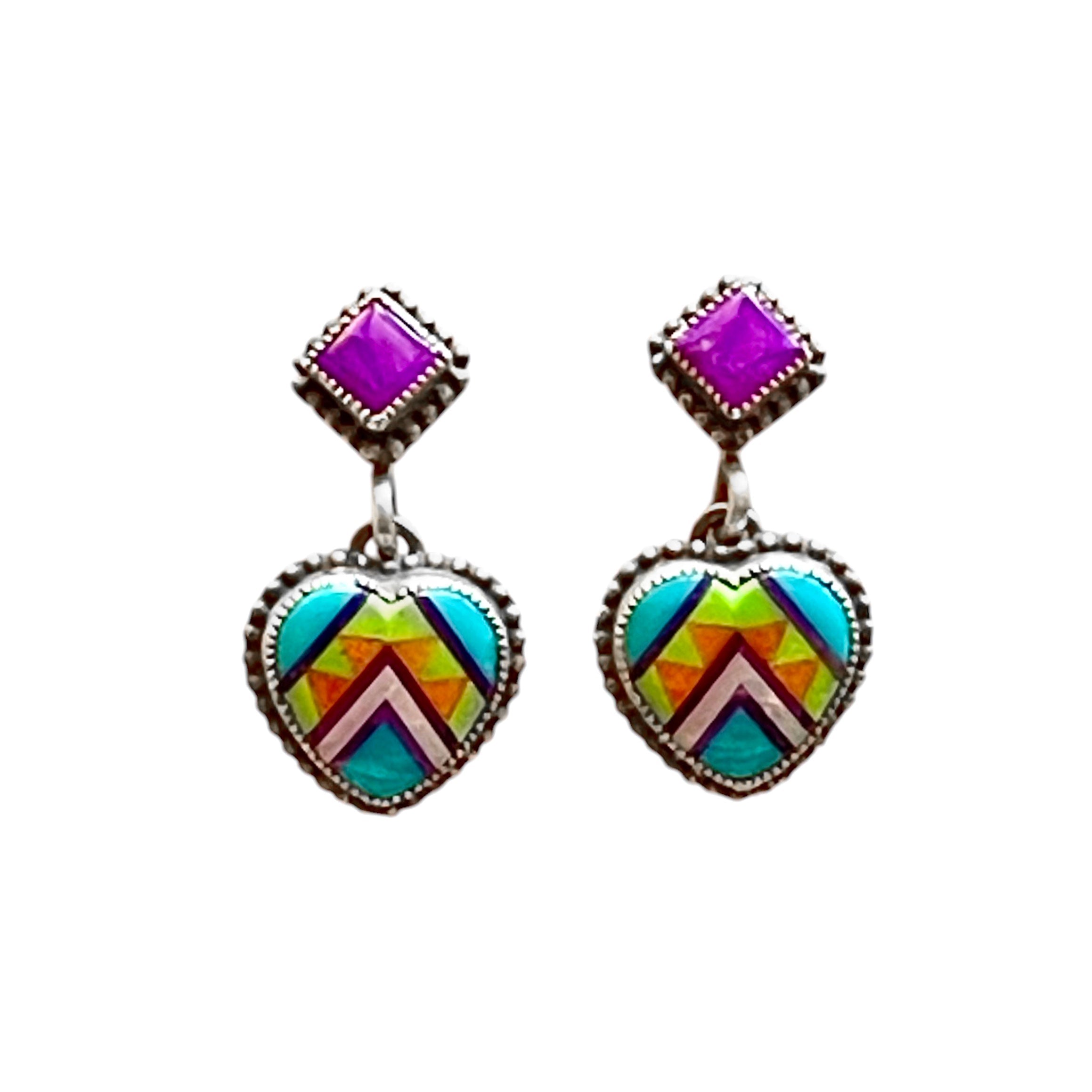 Sterling Silver Turquoise Heart Inlay with Sugilite Earrings