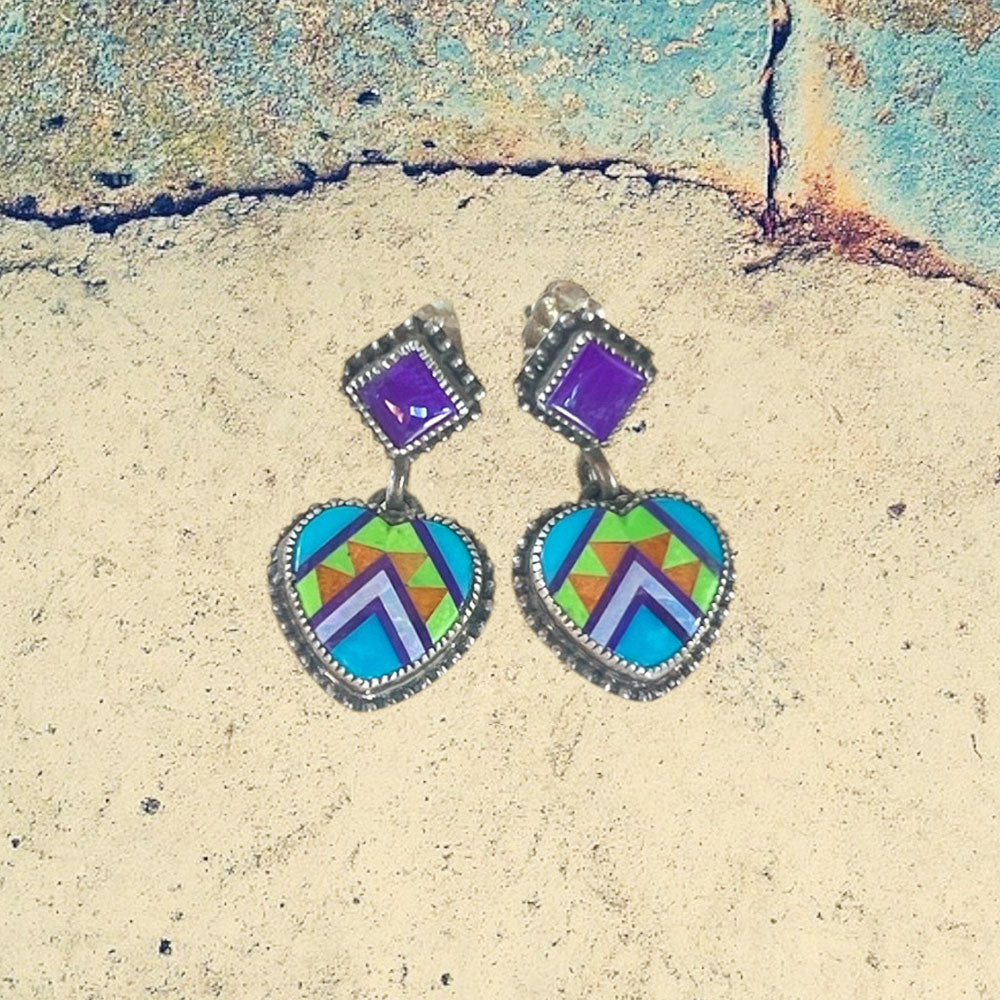 Sterling Silver Turquoise Heart Inlay with Sugilite Earrings