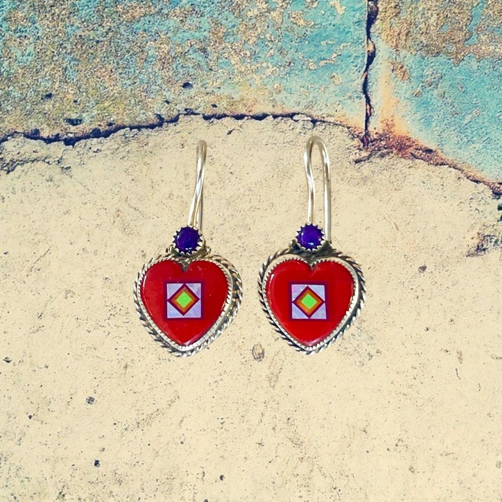 Sterling Silver Red Coral Heart Inlay with Sugilite Earrings