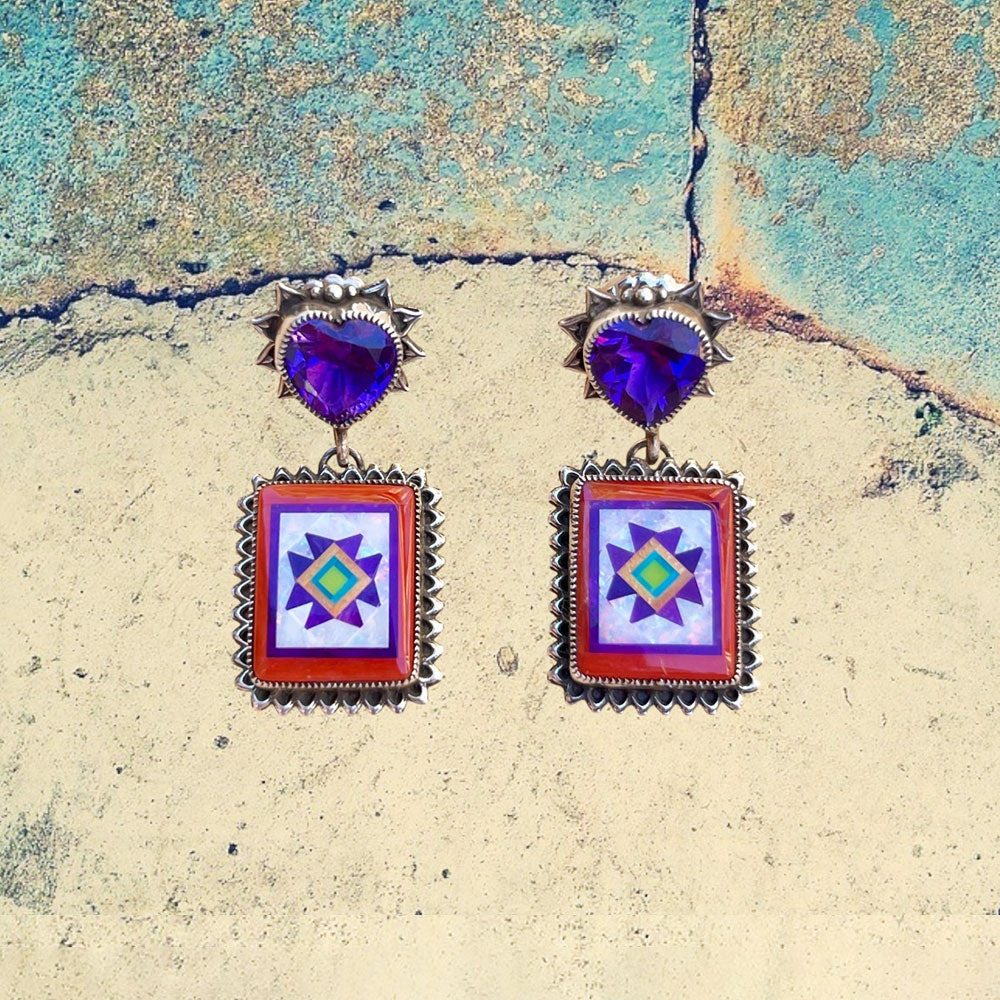 Sterling Silver Fancy Red Coral Inlay with Amethyst Earrings