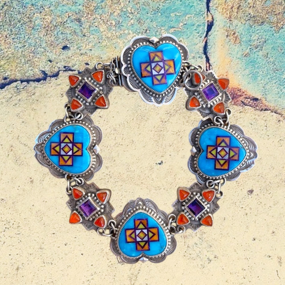 Sterling Silver Fancy Blue Turquoise Heart Inlay with Amethyst and Carnelian Link Bracelet