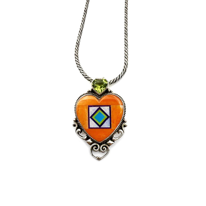 Sterling Silver Orange Spiney Oyster Shell Heart Inlay with Peridot Pendant Necklace