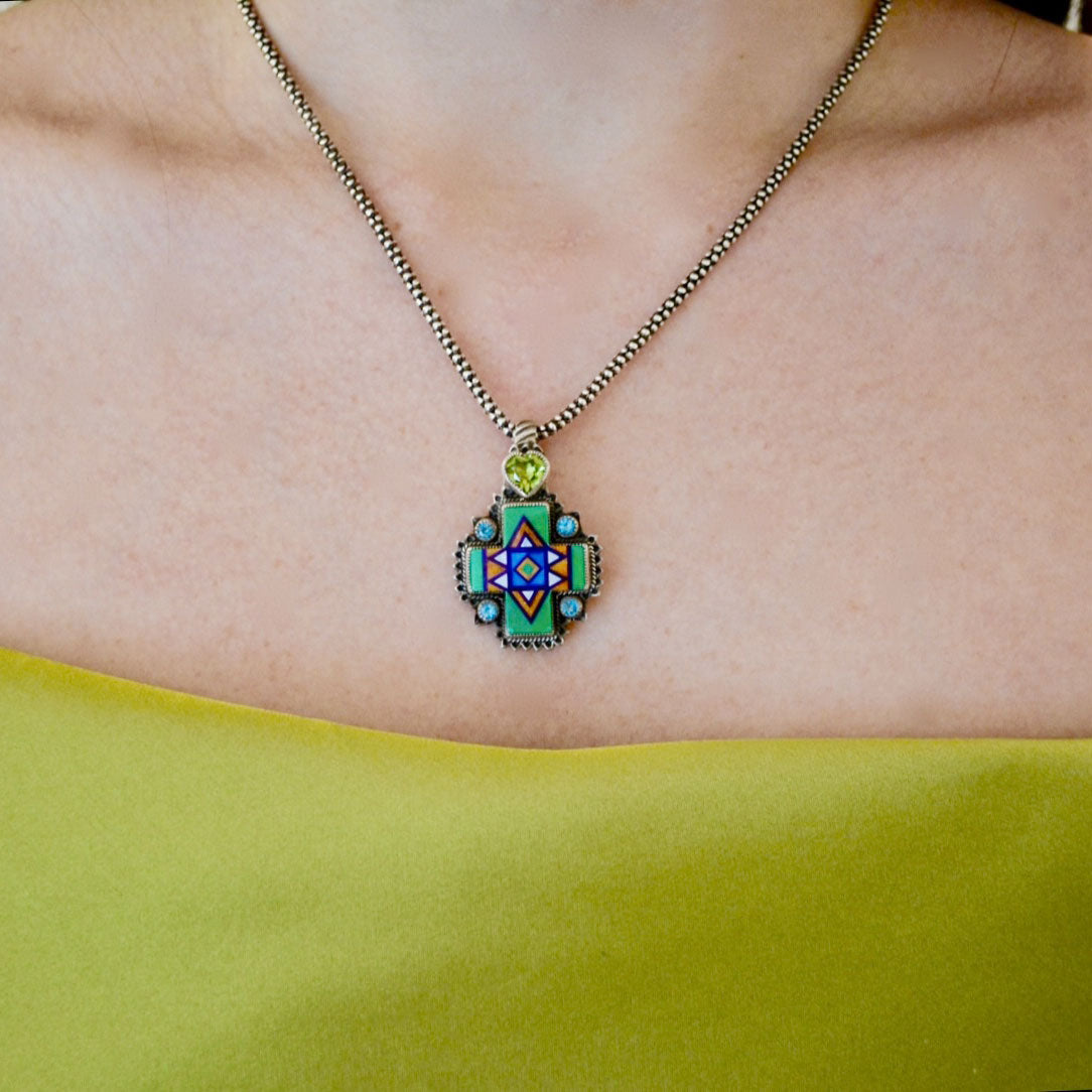 Sterling Silver Mojave Turquoise Cross Inlay with Peridot and Blue Topaz Necklace