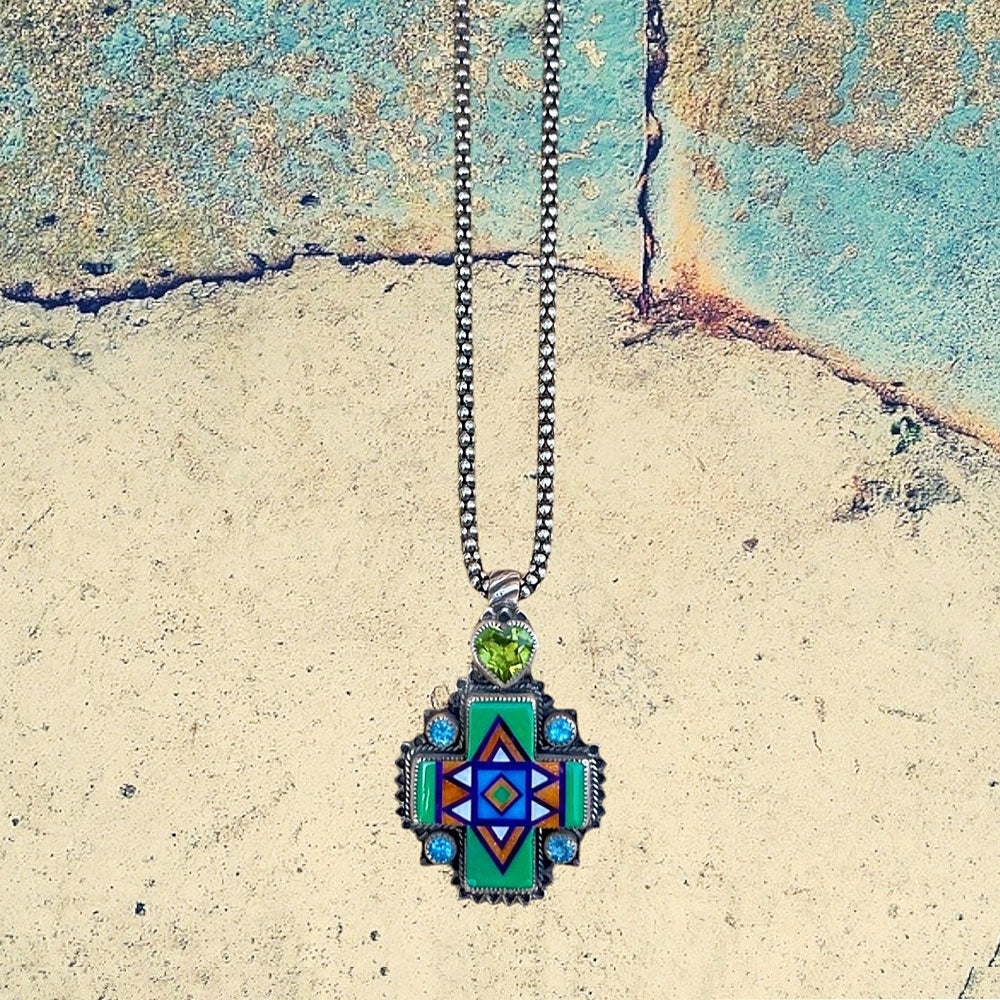 Sterling Silver Mojave Turquoise Cross Inlay with Peridot and Blue Topaz Necklace