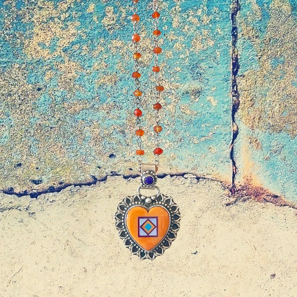 Sterling Silver Orange Spiney Oyster Shell Heart Inlay and Sugilite Necklace with Beaded Chain