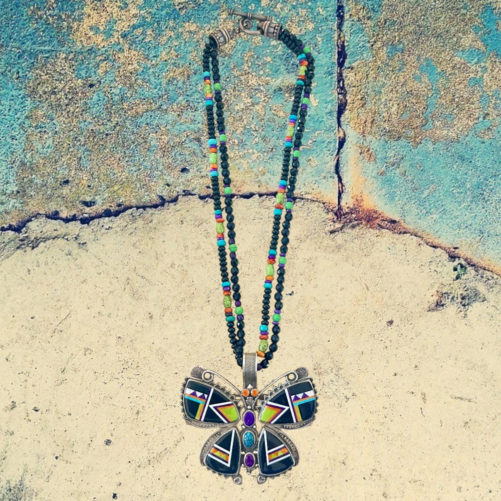 Sterling Silver Jet Butterfly Inlay Pendant with Beaded Necklace