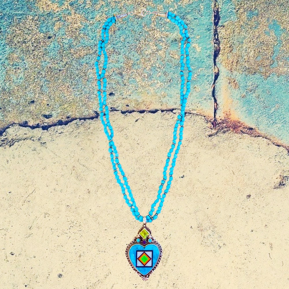 Sterling Silver Turquoise Heart Inlay with Peridot and Sugilite Necklace