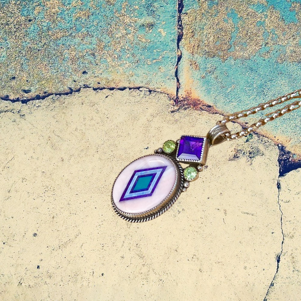 Sterling Silver Pink Coral Oval Inlay with Amethyst and Peridot Necklace