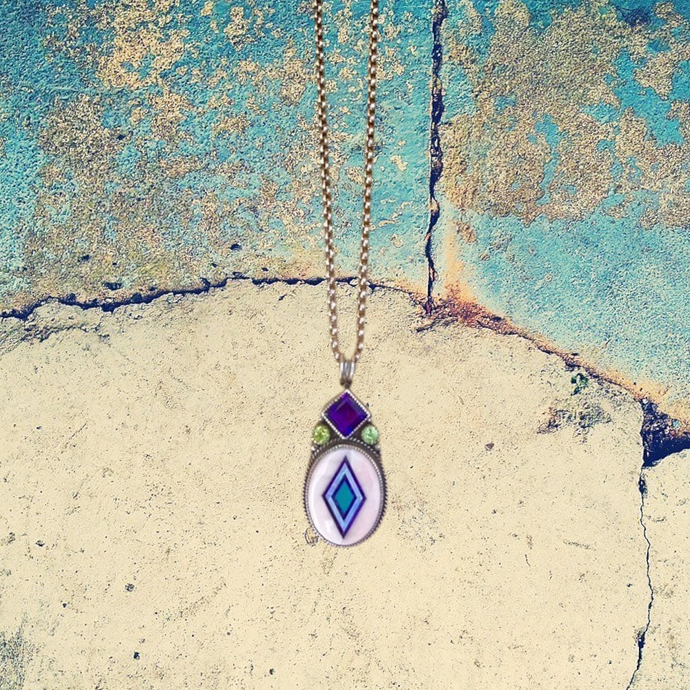 Sterling Silver Pink Coral Oval Inlay with Amethyst and Peridot Necklace