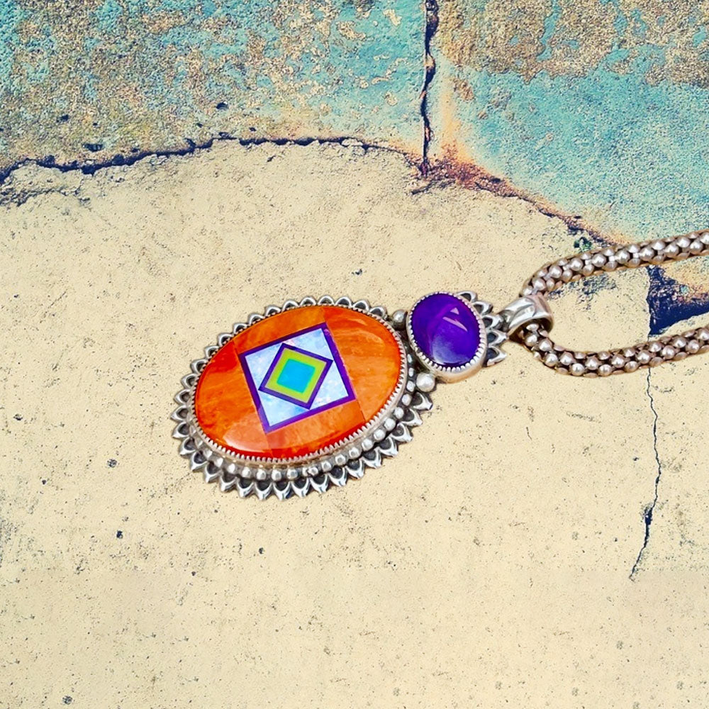 Sterling Silver Orange Spiney Oyster Shell Inlay with Sugilite Necklace