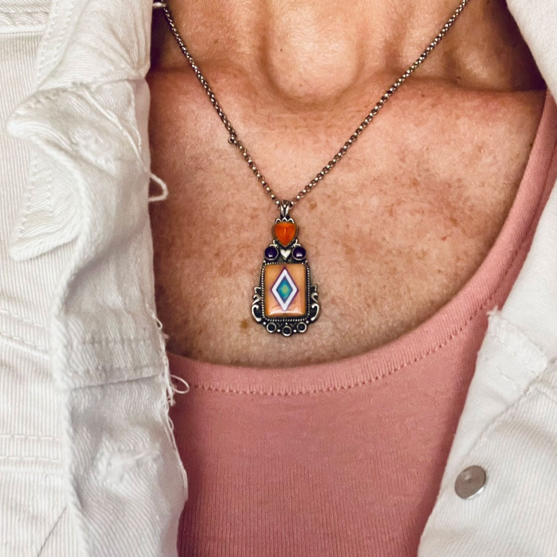 Sterling Silver Pink Coral Rectangle Inlay with Sugilite and Carnelian