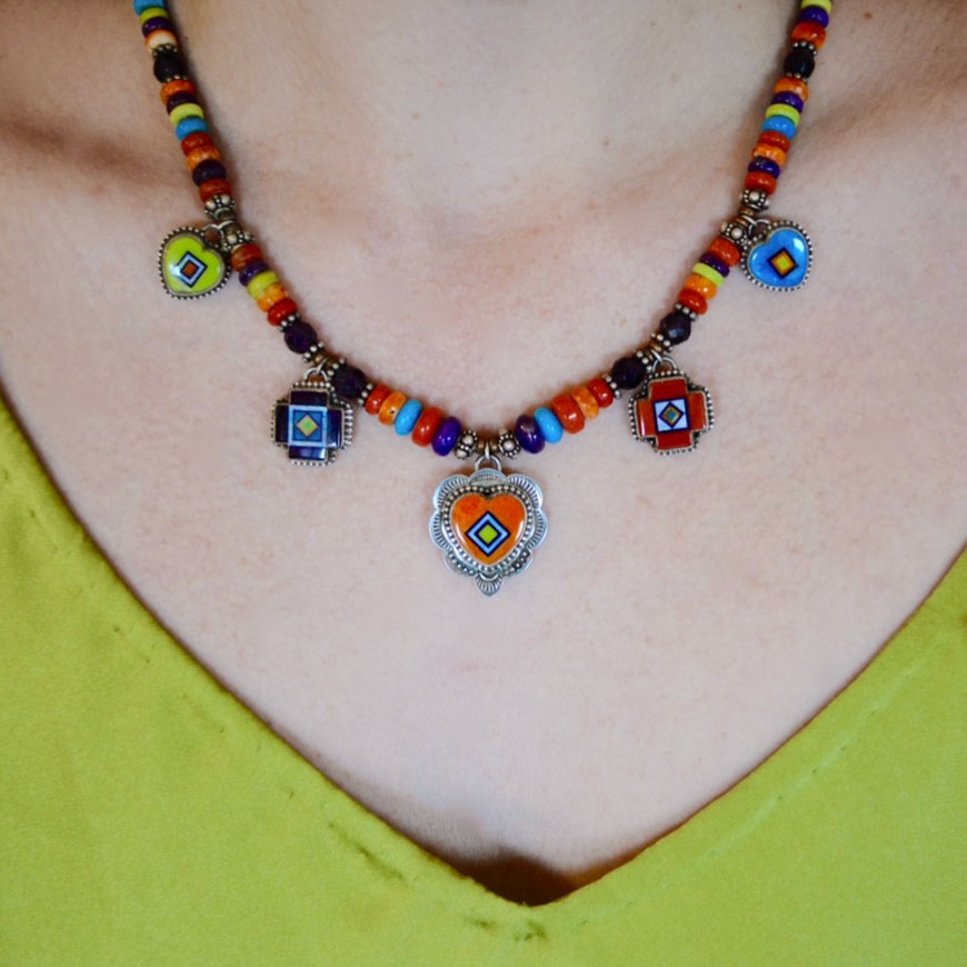 Sterling Silver Multicolor Inlay Charm Necklace