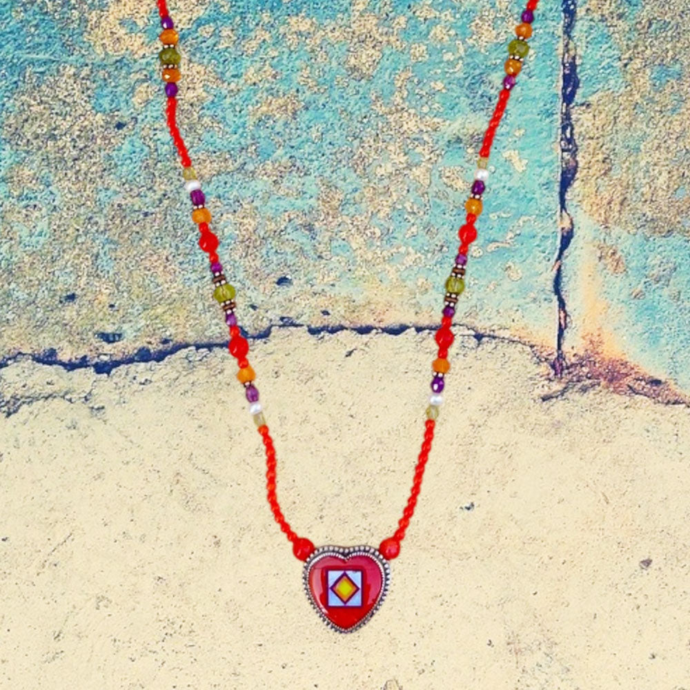 Sterling Silver Red Coral Heart Inlay Beaded Necklace