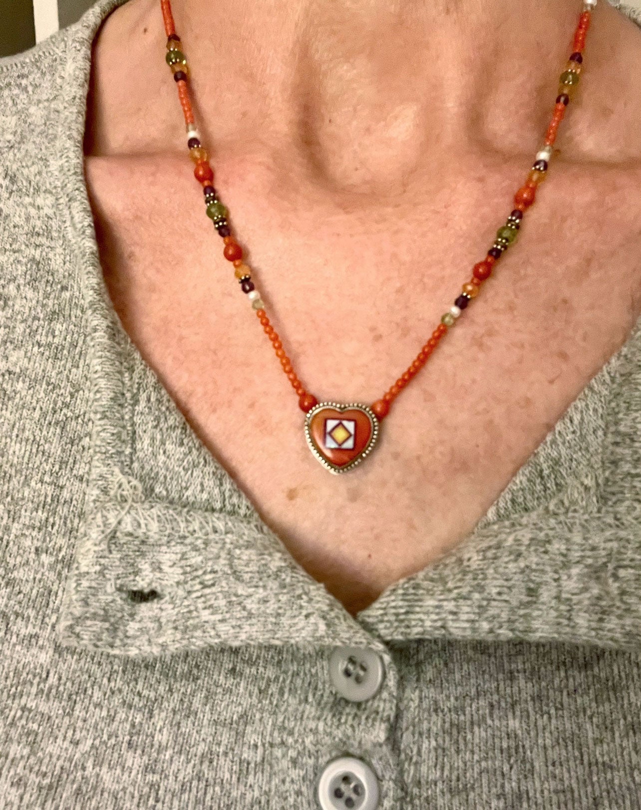 Sterling Silver Red Coral Heart Inlay Beaded Necklace