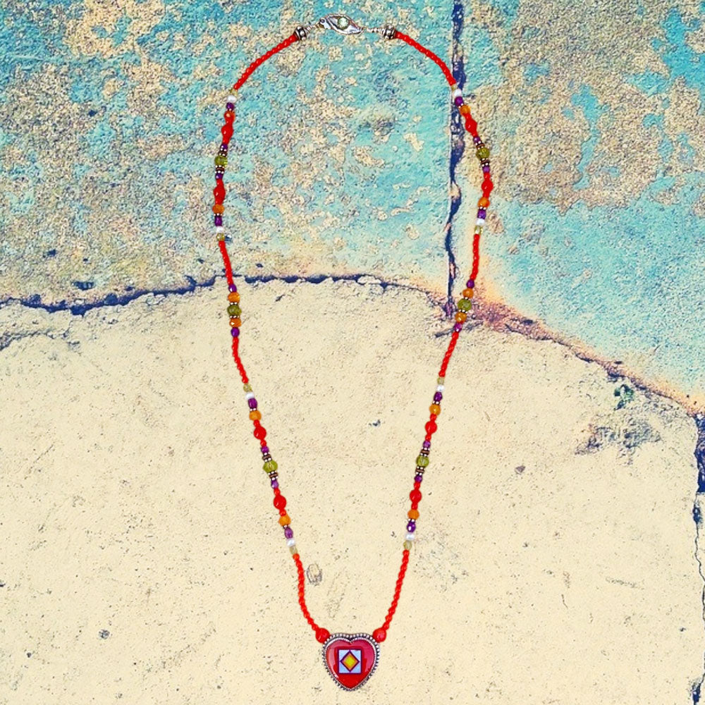 Sterling Silver Red Coral Heart Inlay Beaded Necklace