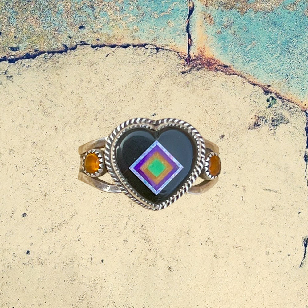 Sterling Silver Jet Heart Inlay with Carnelian Ring
