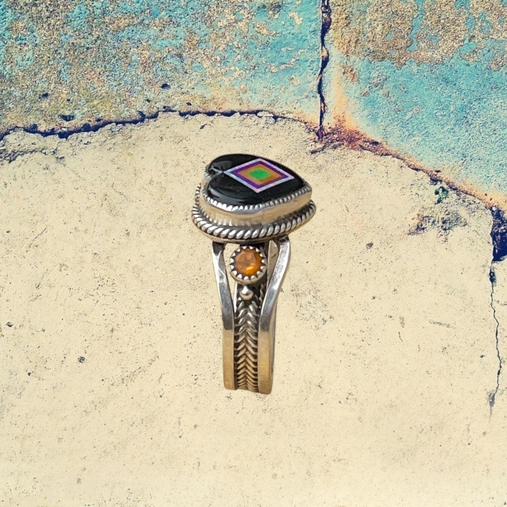 Sterling Silver Jet Heart Inlay with Carnelian Ring