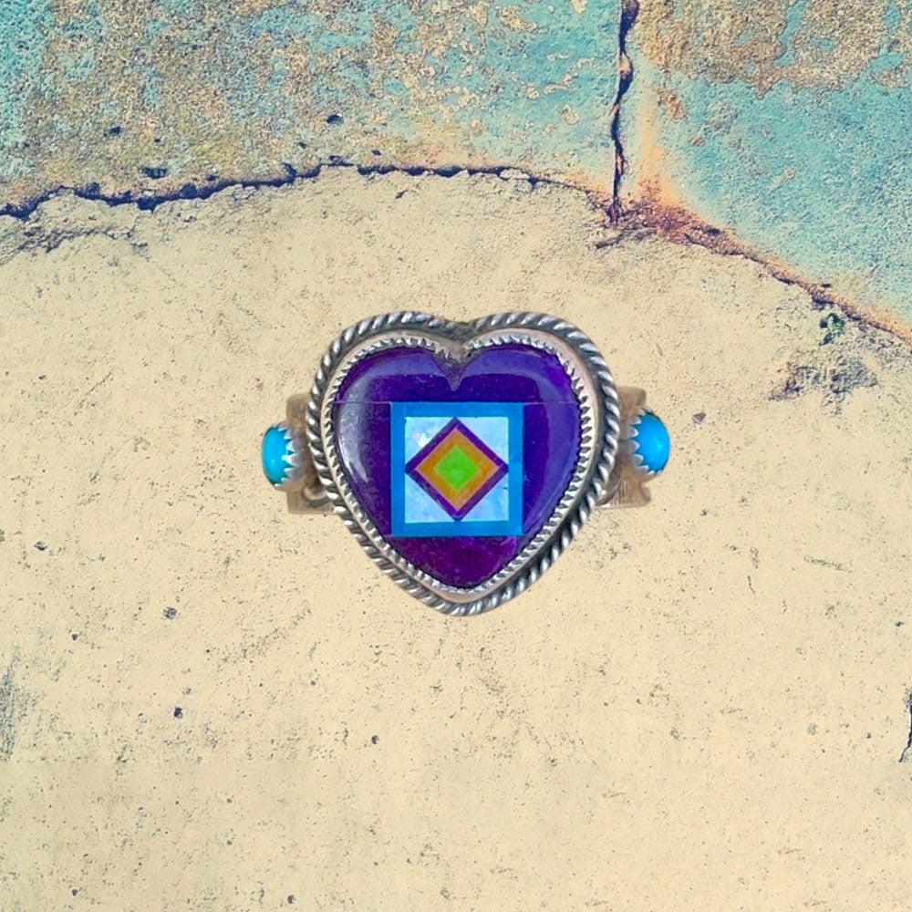 Sterling Silver Sugilite Heart Inlay with Turquoise Ring