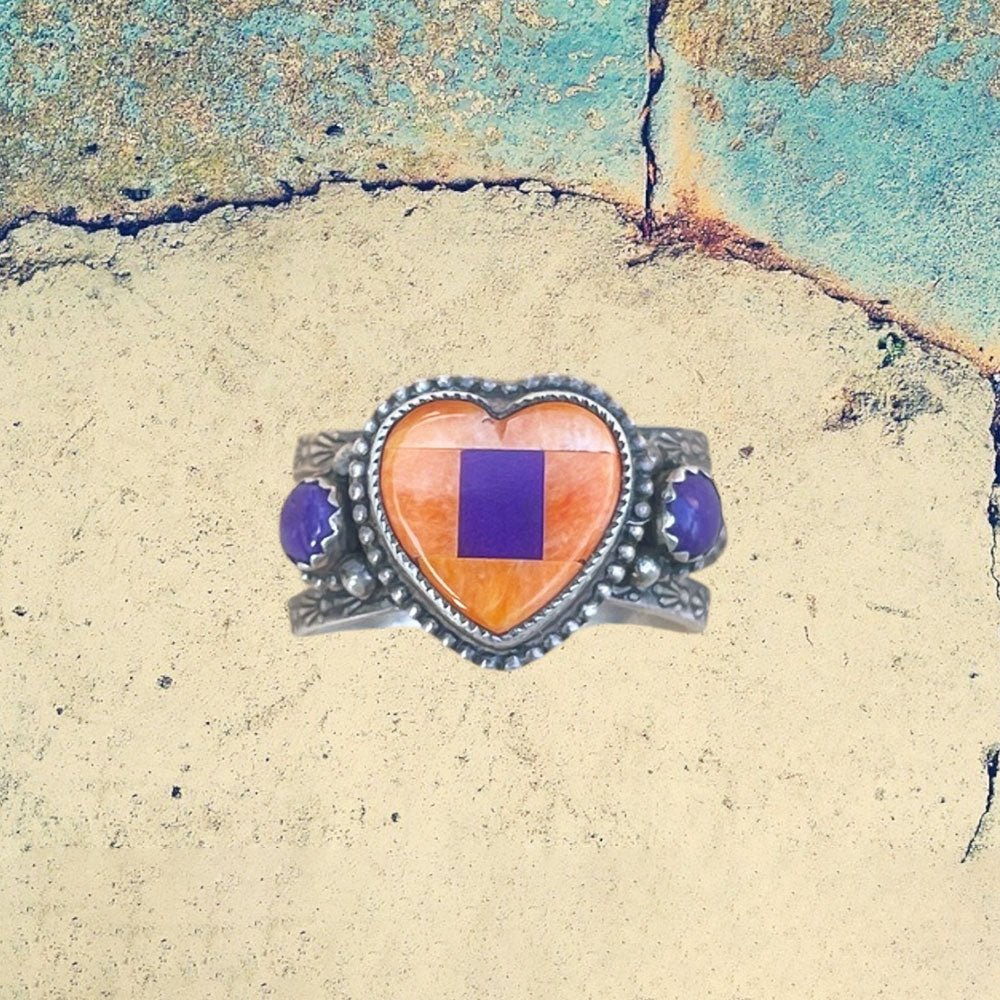 Sterling Silver Orange Spiney Oyster Shell Heart Inlay with Sugilite Ring