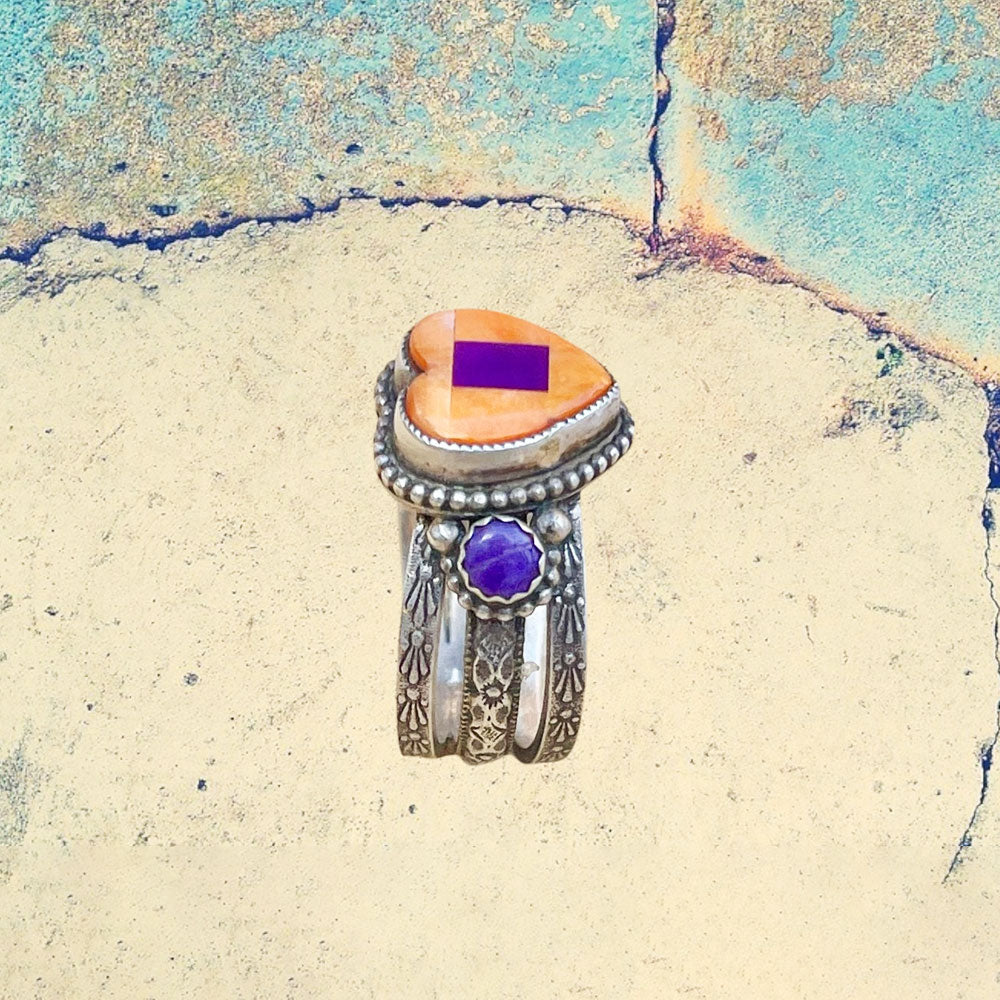 Sterling Silver Orange Spiney Oyster Shell Heart Inlay with Sugilite Ring