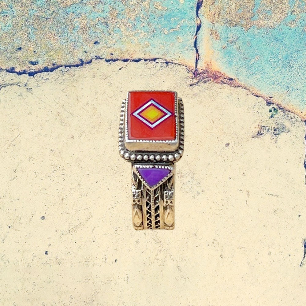 Sterling Silver Red Coral Rectangle Inlay with Sugilite Ring