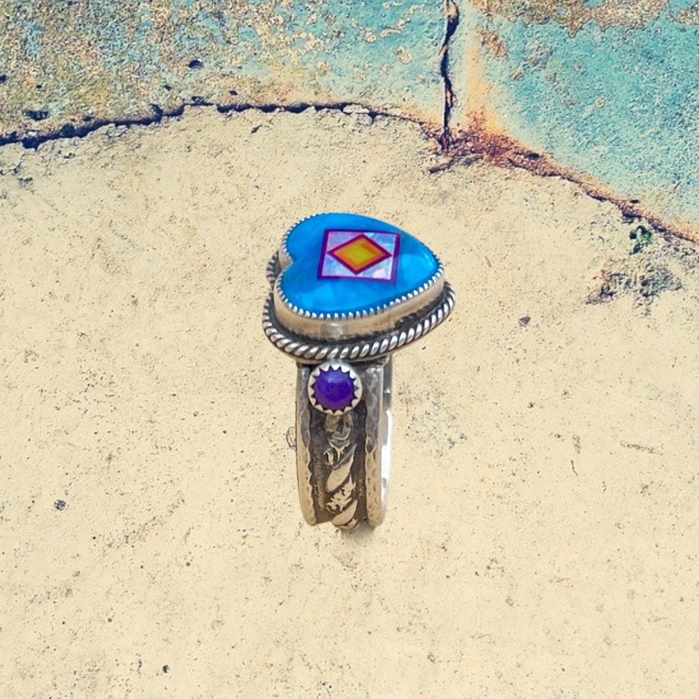 Sterling Silver Turquoise Heart Inlay with Sugilite Ring