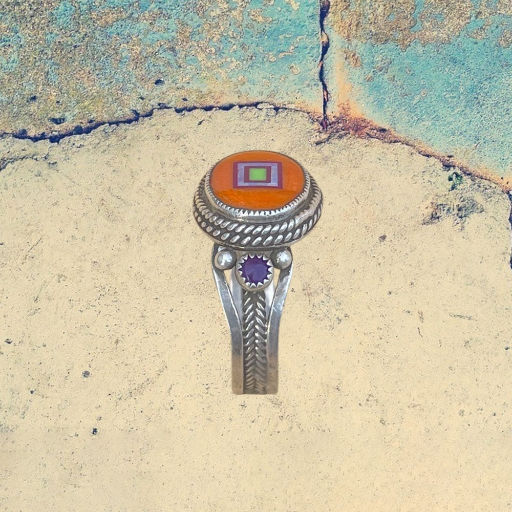 Sterling Silver Orange Spiney Oyster Shell Oval Inlay with Sugilite Ring