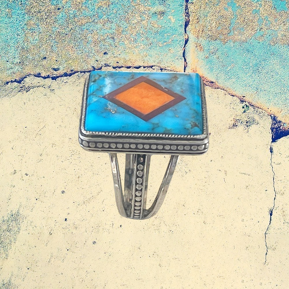 Sterling Silver Large Square Turquoise Inlay Ring