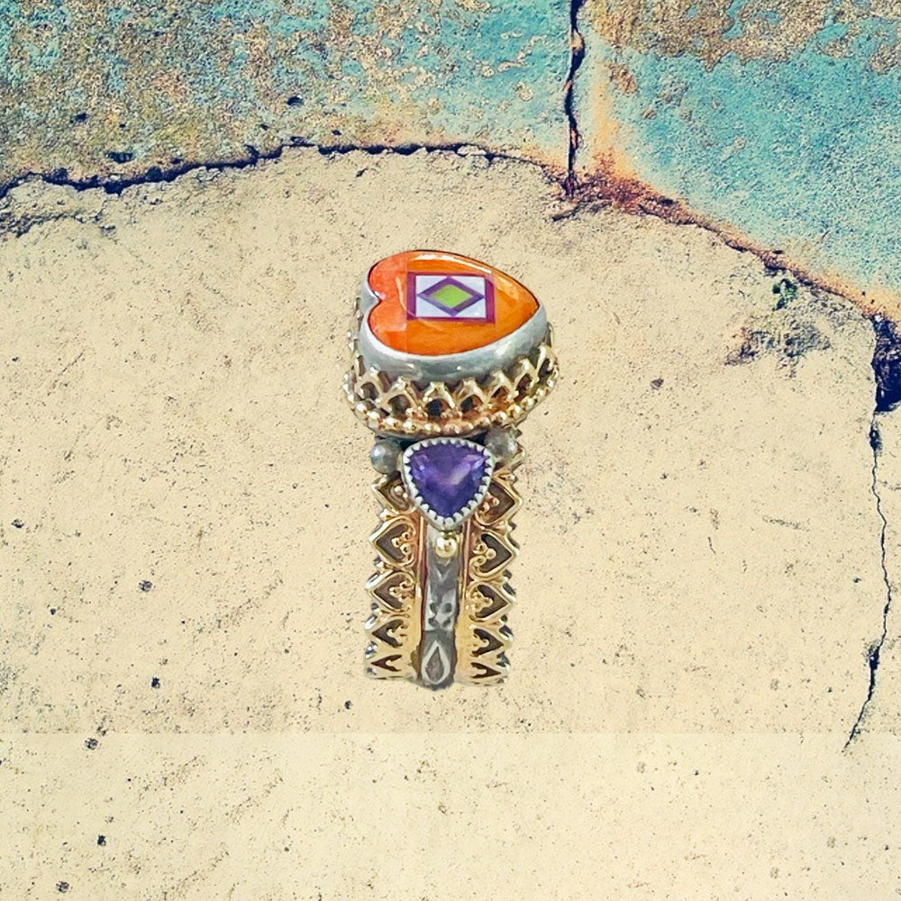 14K Yellow Gold and Sterling Silver Orange Spiney Oyster Shell Heart Inlay with Amethyst Ring