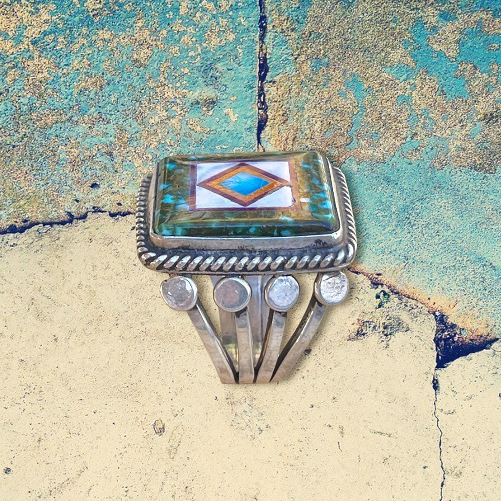 Sterling Silver Men's Square Polychrome Turquoise Inlay Ring