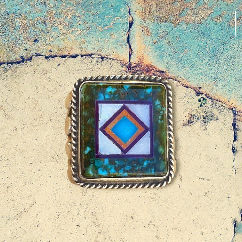 Sterling Silver Men's Square Polychrome Turquoise Inlay Ring