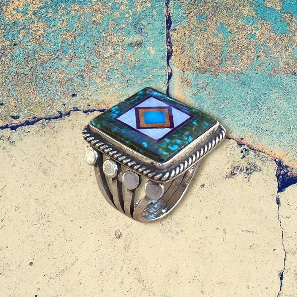 Sterling Silver Men's Square Polychrome Turquoise Inlay Ring