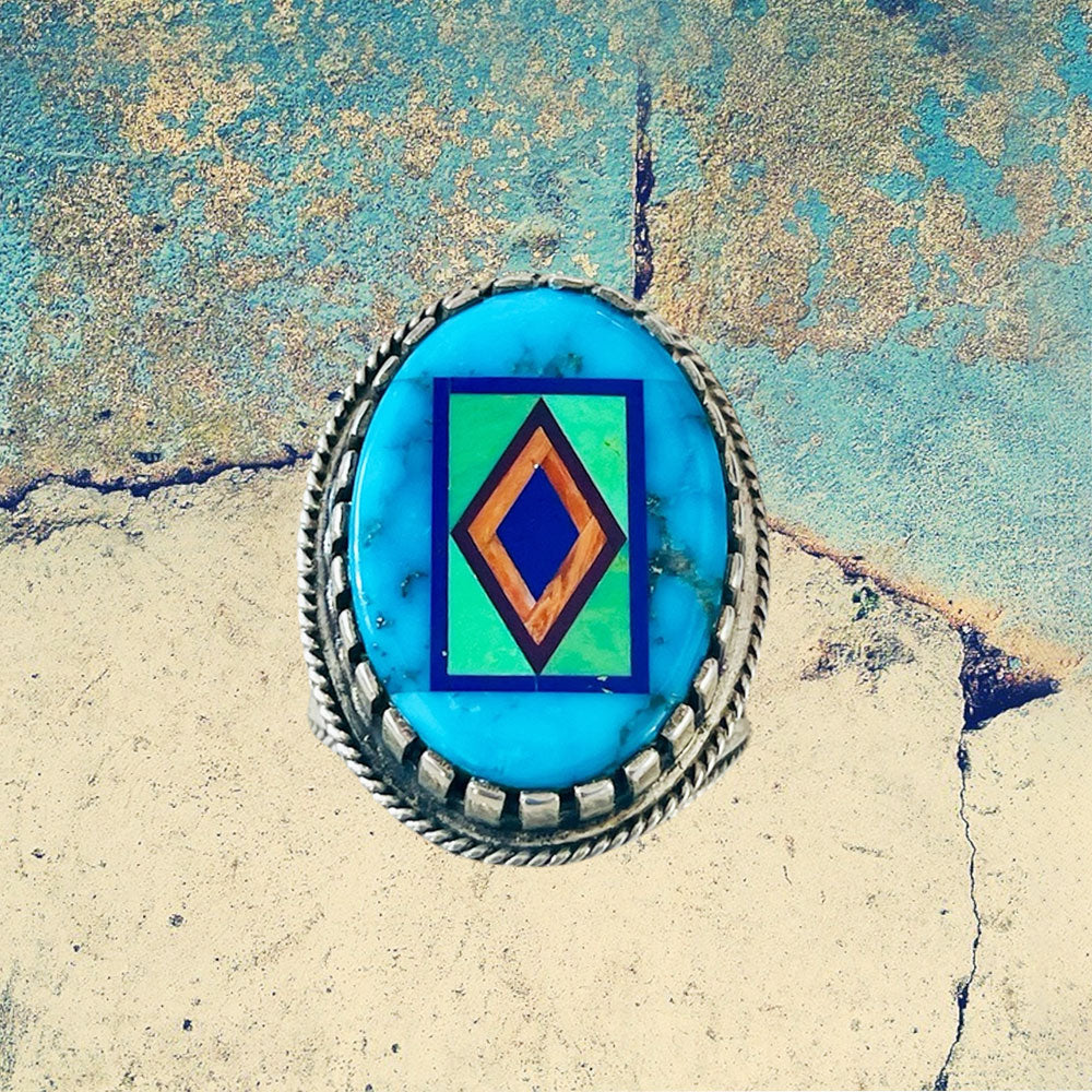 Sterling Silver Men's Large Turquoise Oval Inlay Ring